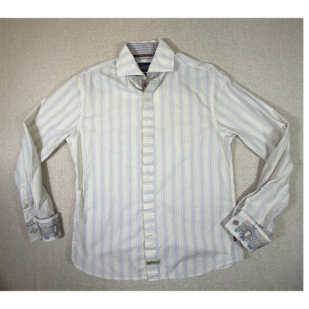 English Laundry Mens Medium Yellow Blue Striped Embroidered Button Shirt Casual